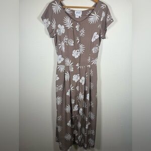 Vtg Apart Impressions Midi Dress 10 Womans Brown Floral Short Sleeve Hawaiian